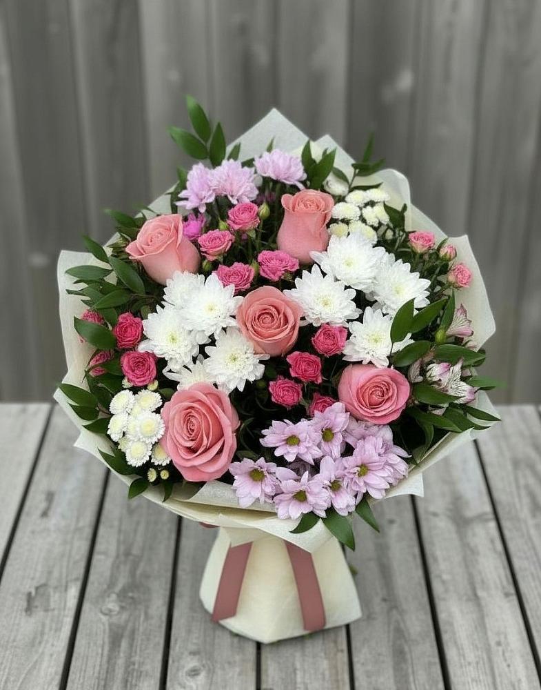 Букет цветов из: Альстромерии, Гвоздики, Розы и Хризантемы в Кольцово