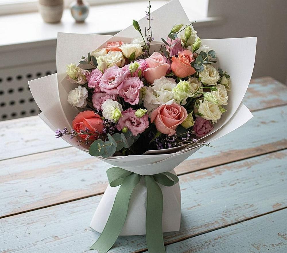 Букет цветов из: Розы, Лизиантусы и Гвоздики в Кольцово