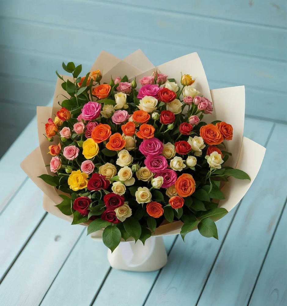 Букет Микс из разноцветных кустовых роз в Кольцово