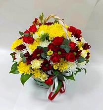 Цветочная композиция из Хризантемы и Розы в корзине в Кольцово