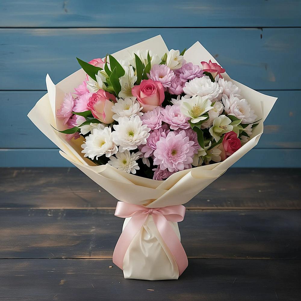 Букет цветов из: Хризантемы, Альстромерии и Розы в Кольцово